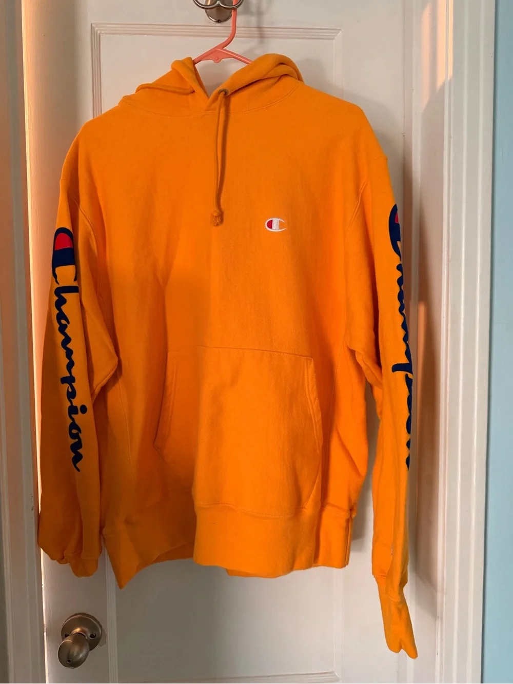 Champion Bright Orange Pullover Hoodie with Sleeve Script excellent condition L